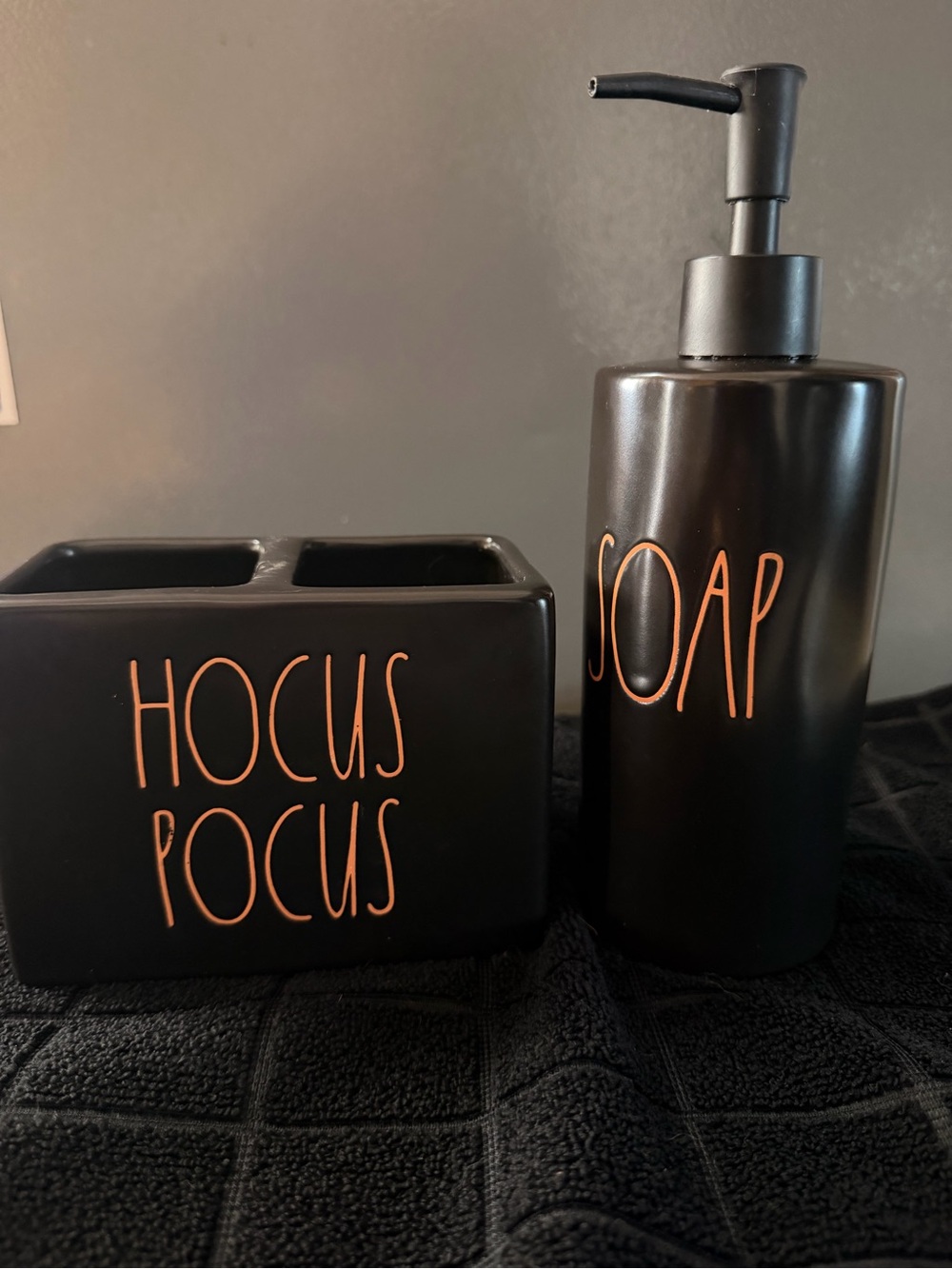 Rae Dunn Black Ceramic 'Hocus Pocus' Soap Dispenser & Toothbrush Holder Set